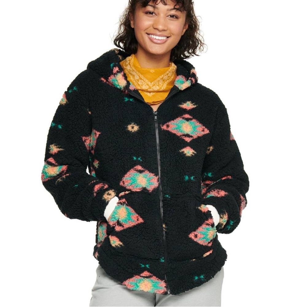 SO SHERPA JACKET FAUX FUR FULL ZIP HOODIE AZTEC PRINT OVERSIZED TEDDY SZ XS-M